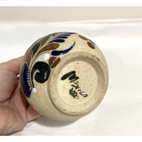 Tonala Mexican pottery bud vase stoneware bird feathers brown cobalt signed - Picture 4 of 8